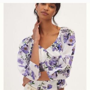 NWT Anthropologie Purple Floral V-Neck Ruched  Women's Top MEDIUM